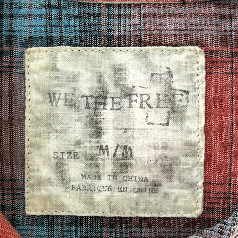 We‎ The Free Faded Plaid Corduroy Button Up Shirt Coral Blue Frayed Hem Peplum M